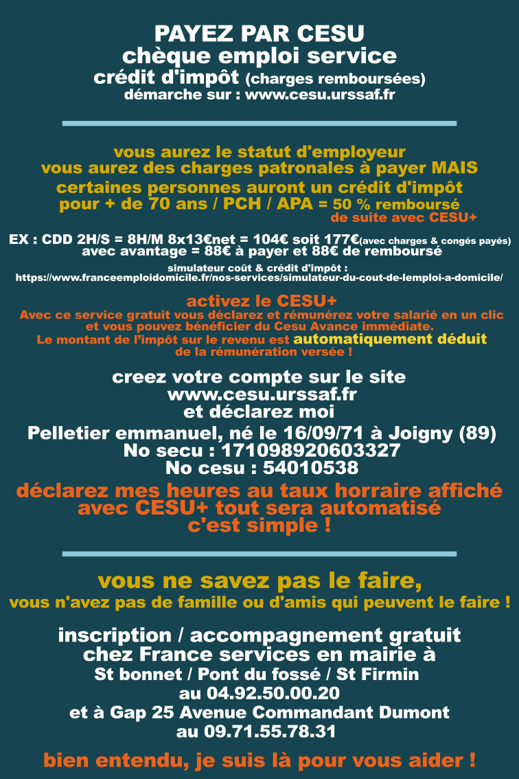 Informations CESU — Chèque emploi service universel, crédit d'impôt, charges réduites. Créez votre compte sur cesu.urssaf.fr.